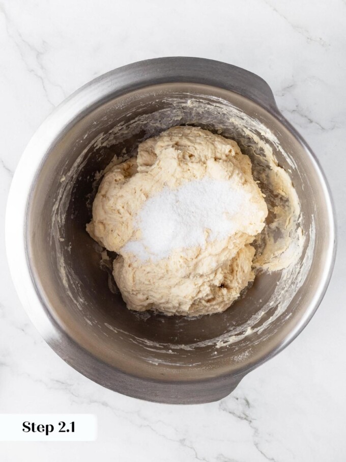 Kosher salt sprinkled on top of mixed dough in a stainless steel stand mixer bowl.