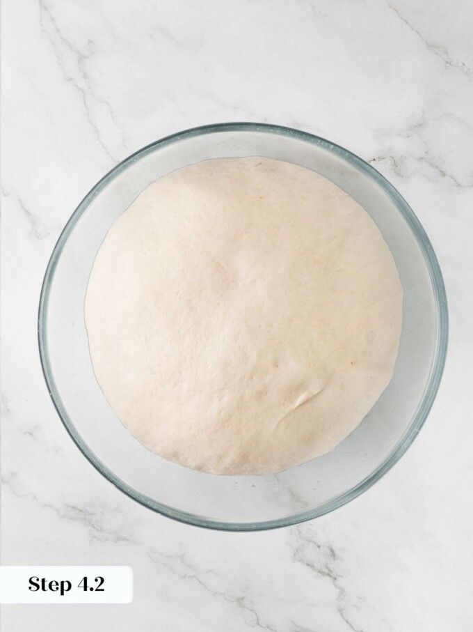 Sourdough English muffin dough fully doubled in size in a glass bowl after the second proof.