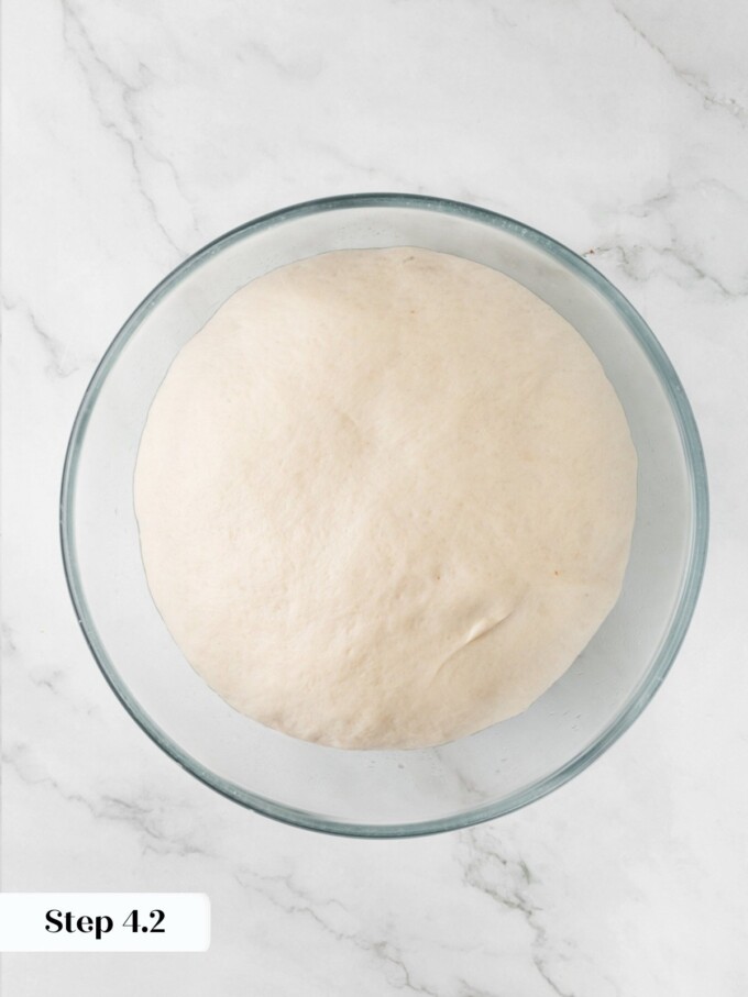Sourdough English muffin dough fully doubled in size in a glass bowl after the second proof.