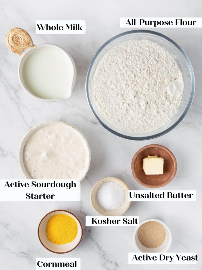 Labeled bowls of whole milk, flour, sourdough starter, butter, kosher salt, cornmeal, and active dry yeast.