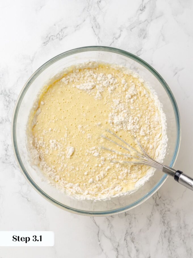 Whisking in flour, sugar and salt builds the structure belgian waffles need to puff and crisp.