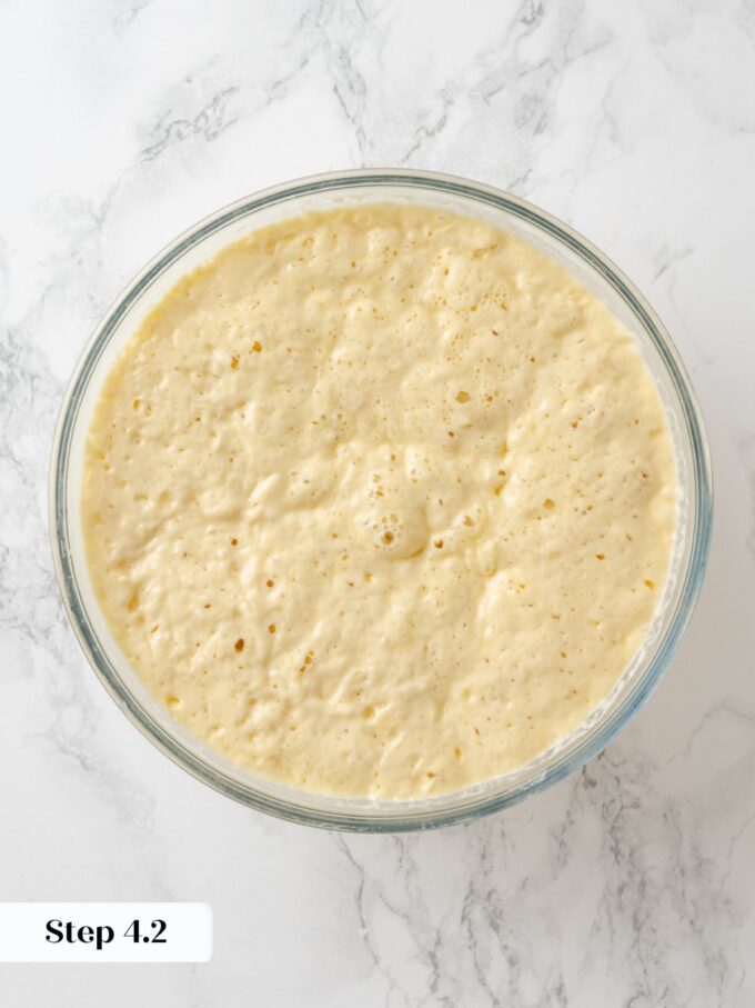 This puffed, bubbly batter is the fermentation that gives belgian waffles their airy interior and crunch.