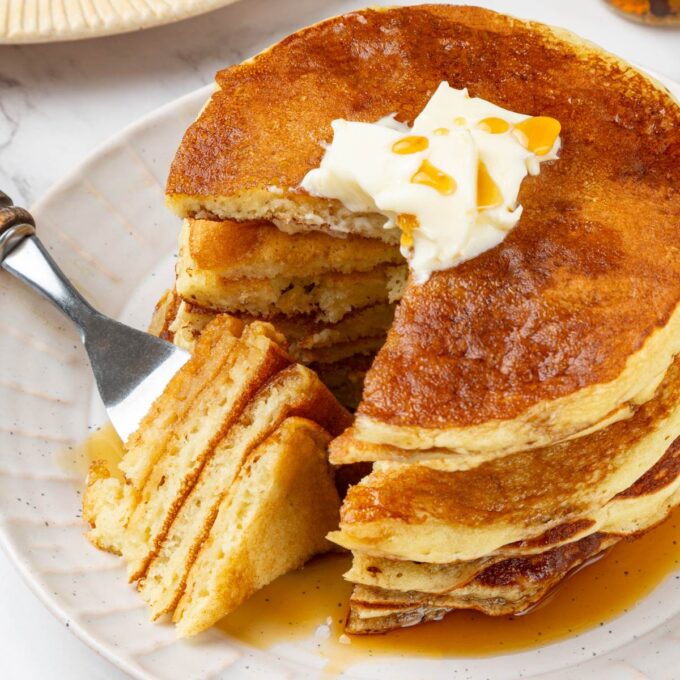 Doubling as crumb proof, this square crop highlights the buttermilk pancake recipe tender, airy texture.