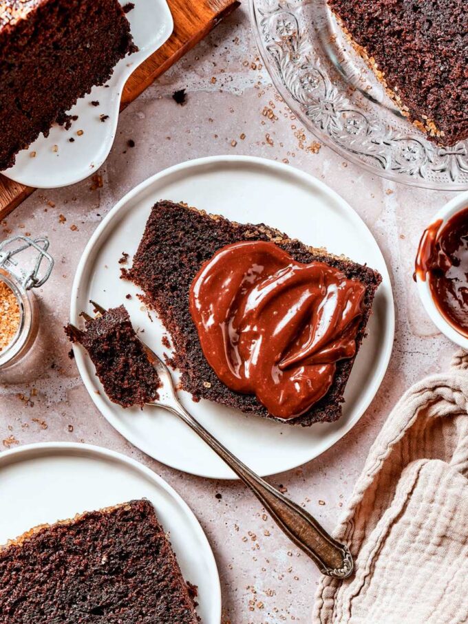 A spoonful of chocolate swirled on top turns this chocolate bread slice into an extra-indulgent dessert.