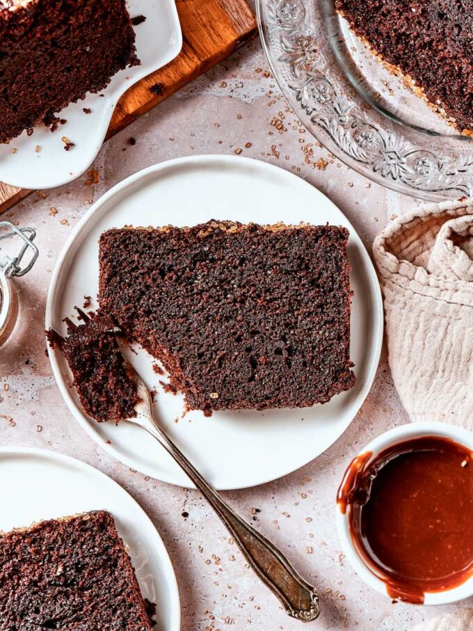 One clean slice reveals the moist, dark crumb that proves this chocolate bread tastes like cake.