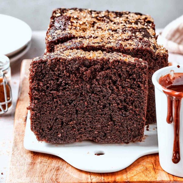 This tidy square frames the chocolate bread as a tempting centerpiece for breakfast, snack, or dessert.