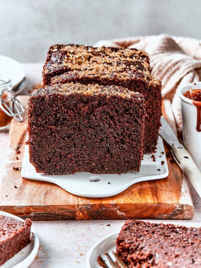 Cut and ready to share, this chocolate bread shows the dense, dessert-like crumb that defines it.
