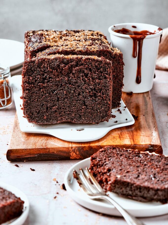 Loaf and slices together invite readers to pin this chocolate bread for an easy weekend bake.