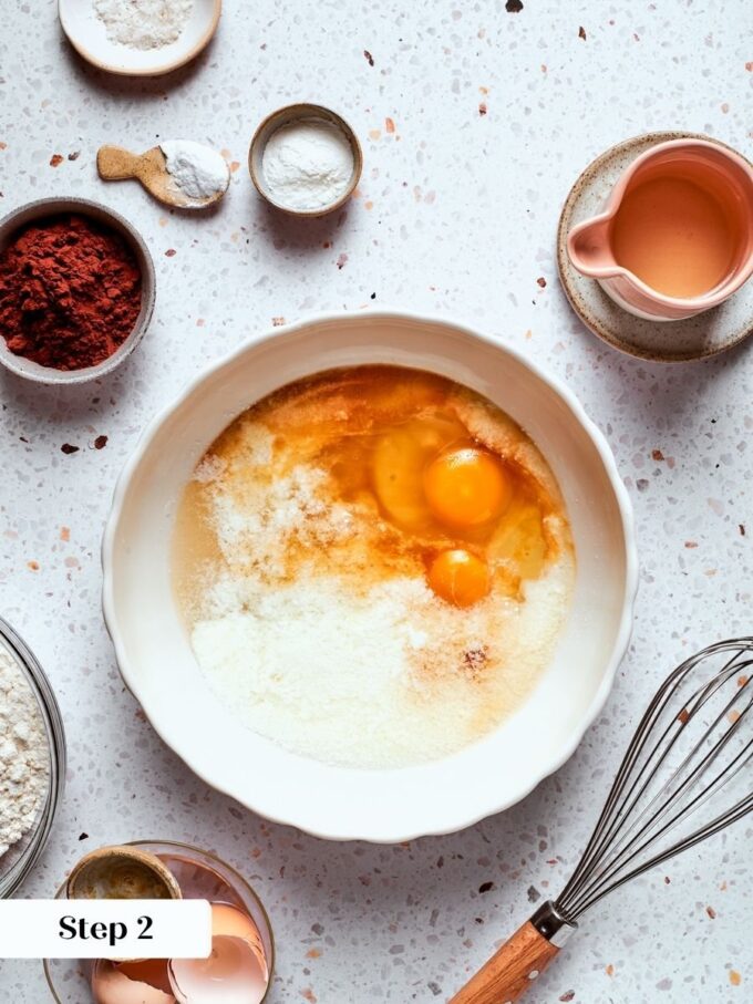 Eggs, sugar, and buttermilk whisk together first, building the moist base of this chocolate bread.