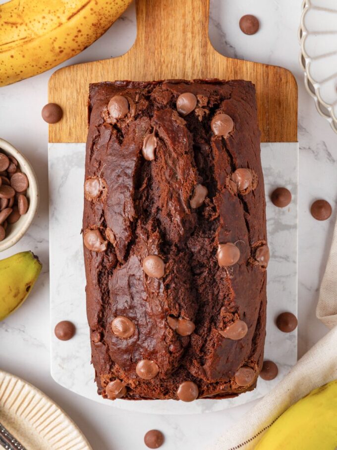 Deep chocolate color and a crackly top make this gluten free chocolate banana bread irresistible.