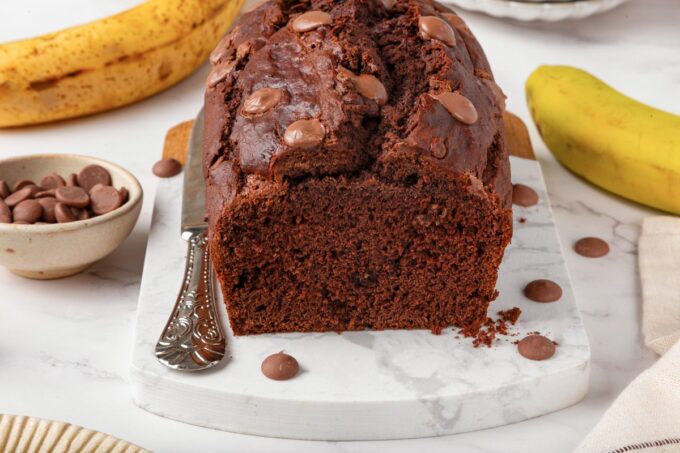 This wide cross-section proves gluten free chocolate banana bread bakes up tender, never gummy or gritty.