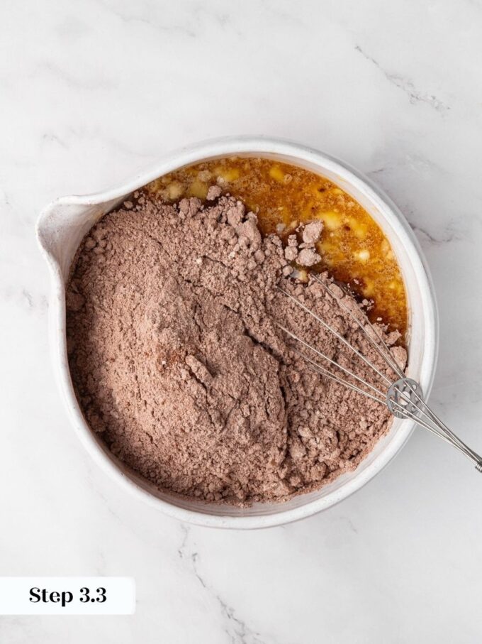 Combining dry and wet in one bowl keeps gluten free chocolate banana bread quick and simple.