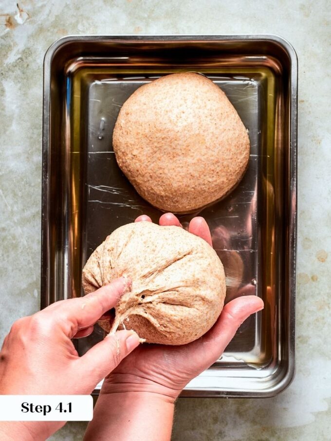 Shaping taut boules helps whole wheat pizza dough hold structure through the long cold proof.