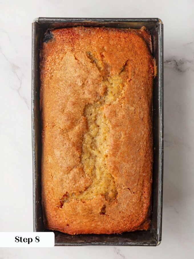 A springy center and a few clinging crumbs signal this blueberry bread finished baking through.