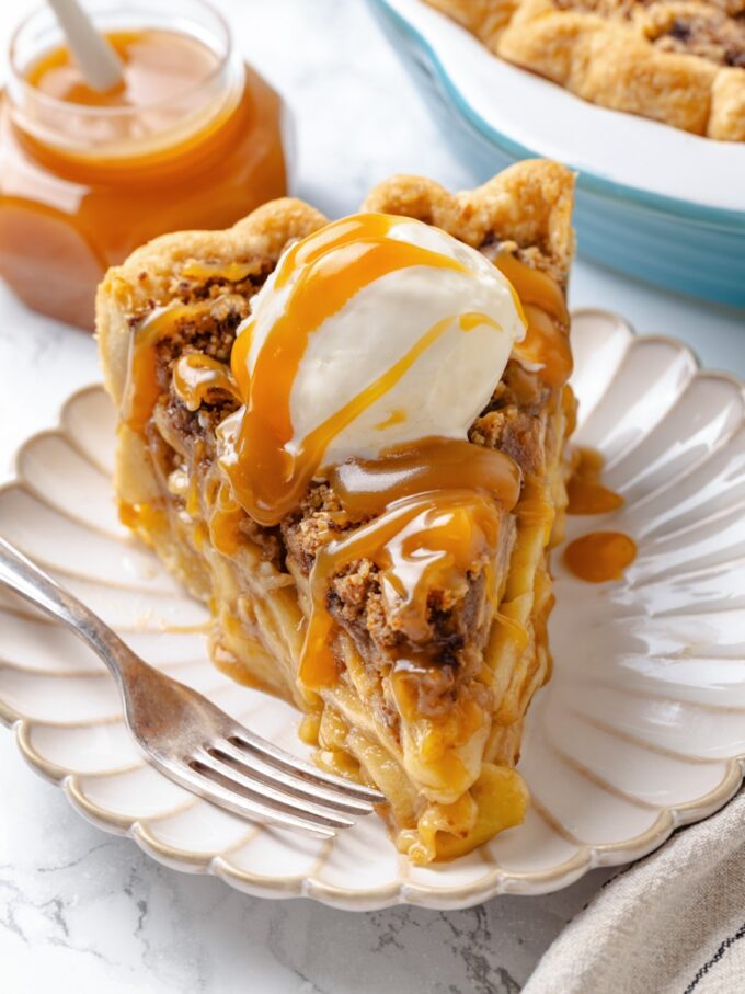 Served a la mode, this caramel apple pie pairs warm apples with cold vanilla and caramel.