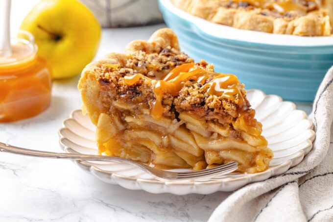 One landscape scene holds the slice, caramel jar, and pie, showcasing this caramel apple pie together.