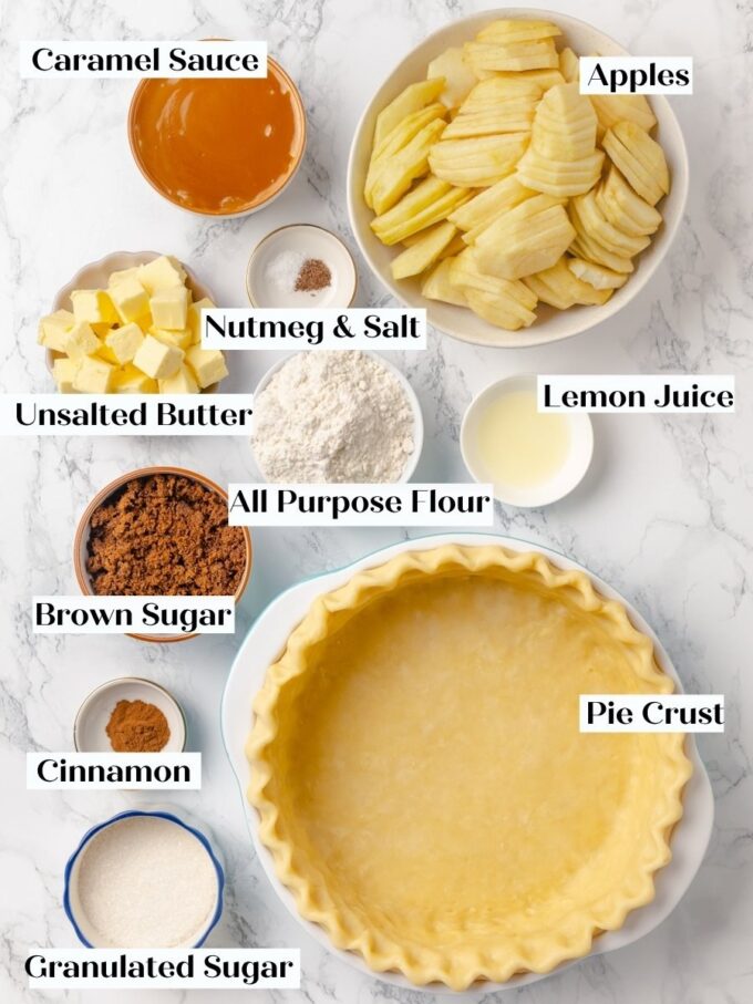 Everything measured and ready shows how short the ingredient list for this caramel apple pie is.