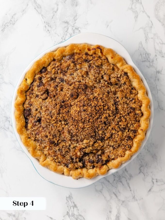 A deep golden crumb signals the filling underneath finished cooking through in this caramel apple pie.