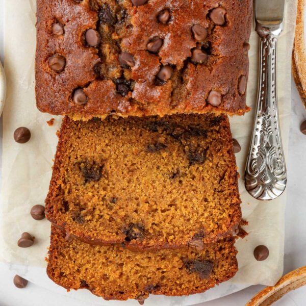Chocolate pools in the crumb and a studded crown define this chocolate chip pumpkin bread feature.