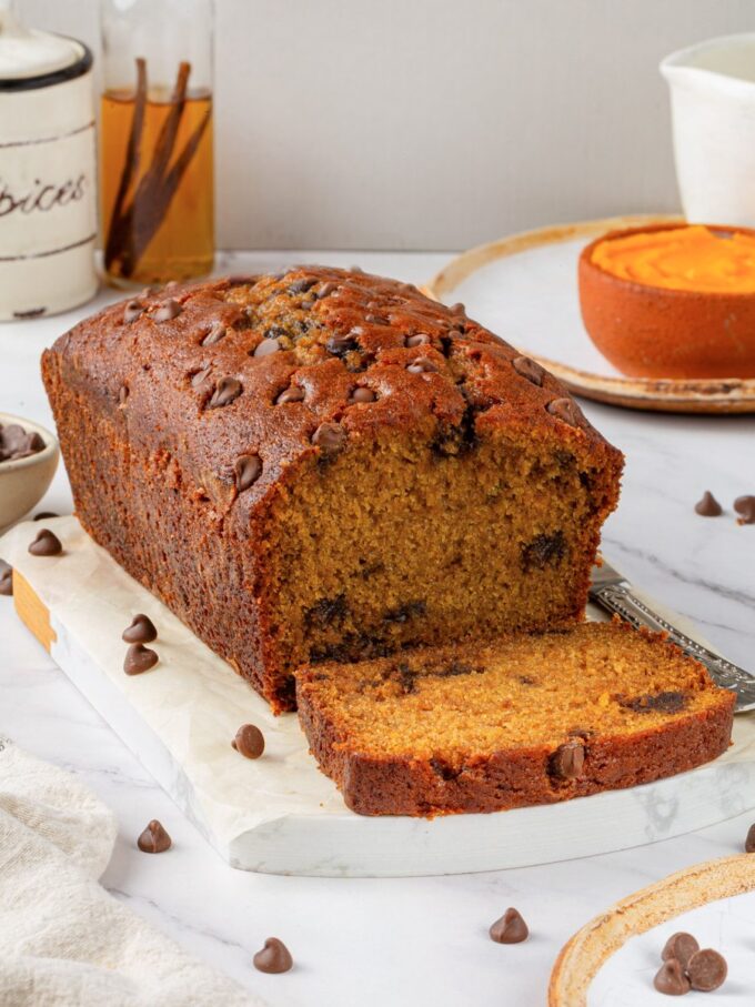 Studded with chips on top and throughout, this is chocolate chip pumpkin bread at its finest.