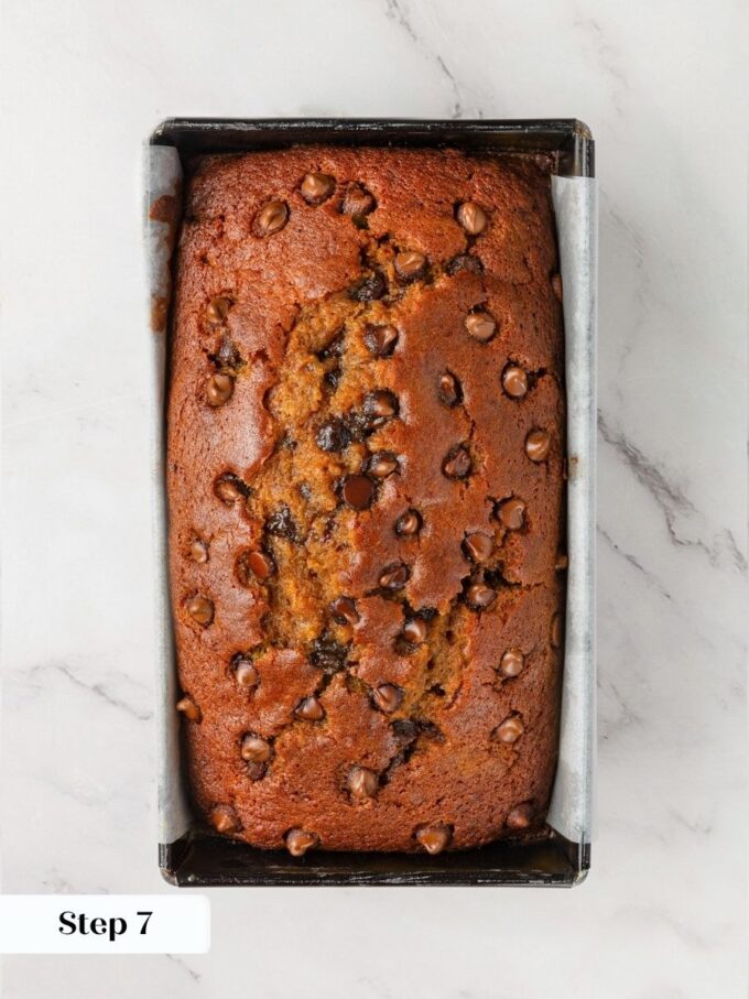 A foil tent midway through baking keeps the chocolate chip pumpkin bread top golden, never scorched.