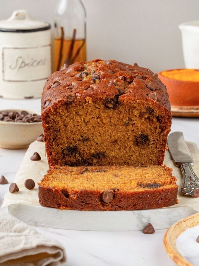 Cooling fully before slicing gives chocolate chip pumpkin bread clean, tender slices, not a gummy center.