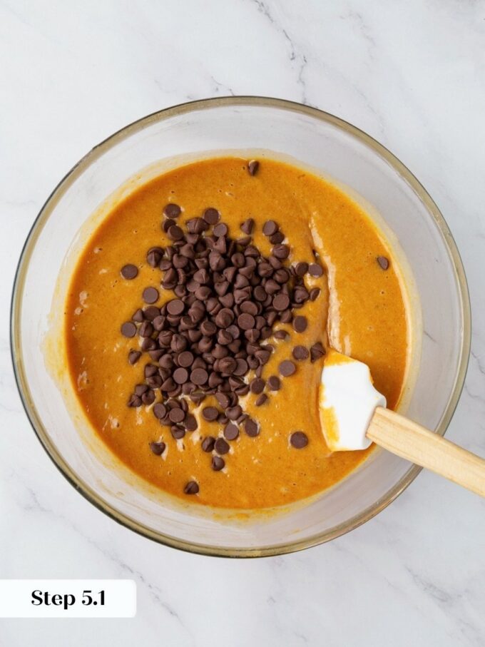 Most chips are folded through so every chocolate chip pumpkin bread slice gets melty chocolate pockets.