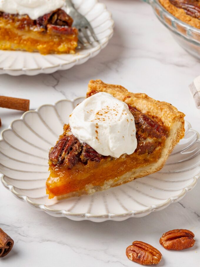 Two distinct layers make this pumpkin pecan pie feel like two holiday desserts in one crust.
