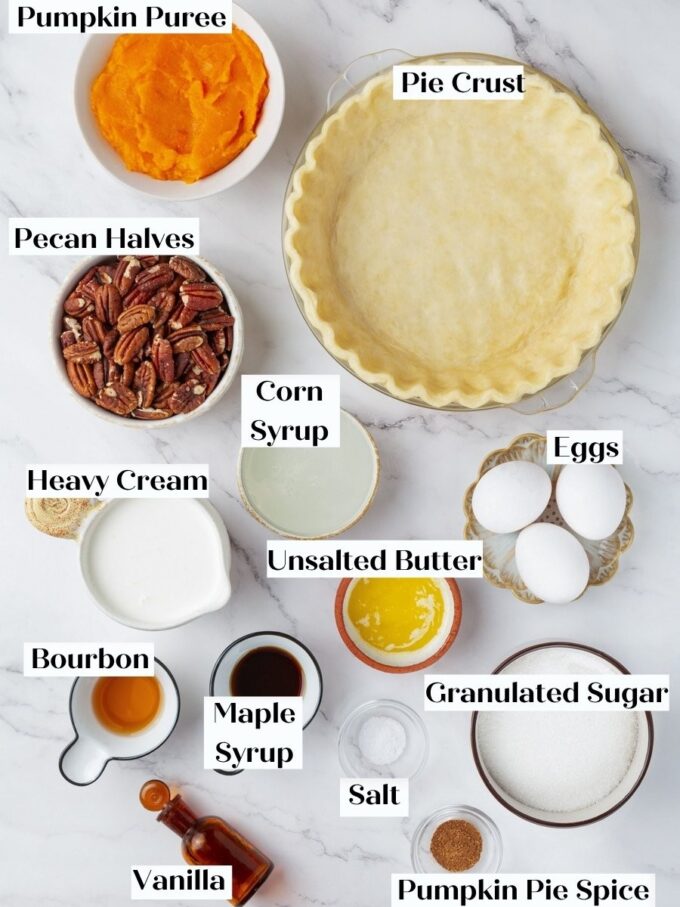 Every component for the two-layer pumpkin pecan pie is measured out before any mixing begins.
