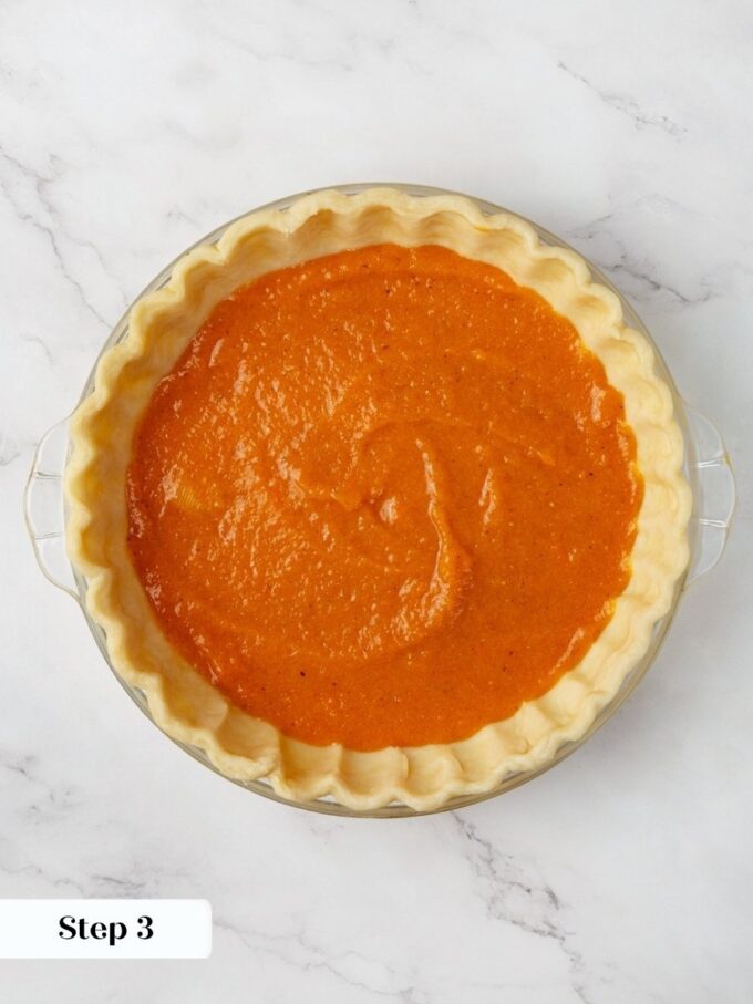 This even pumpkin layer forms the bottom of the two-layer pumpkin pecan pie in one crust.