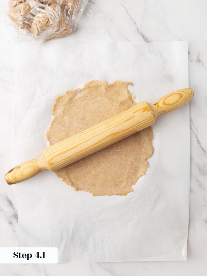 Rolling directly on parchment means sourdough crispbread never sticks and never needs extra dusting flour.