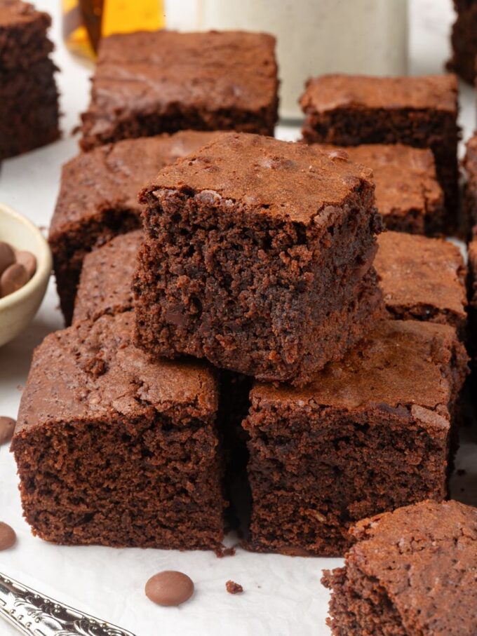 Wrapped on the counter, these sourdough discard brownies keep their fudgy texture for a full week.