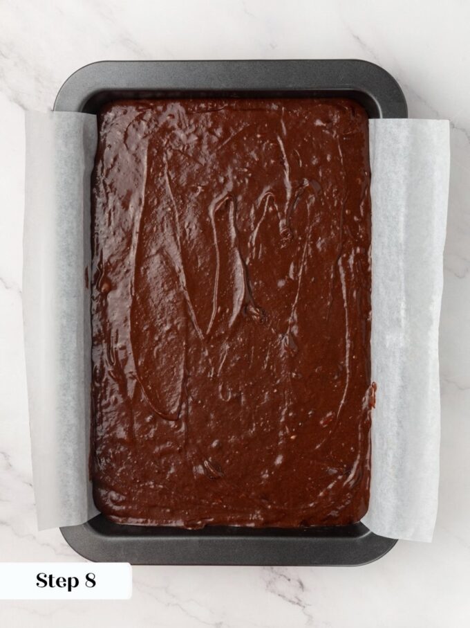 A parchment sling on all four sides lets the whole sourdough discard brownies slab lift out.
