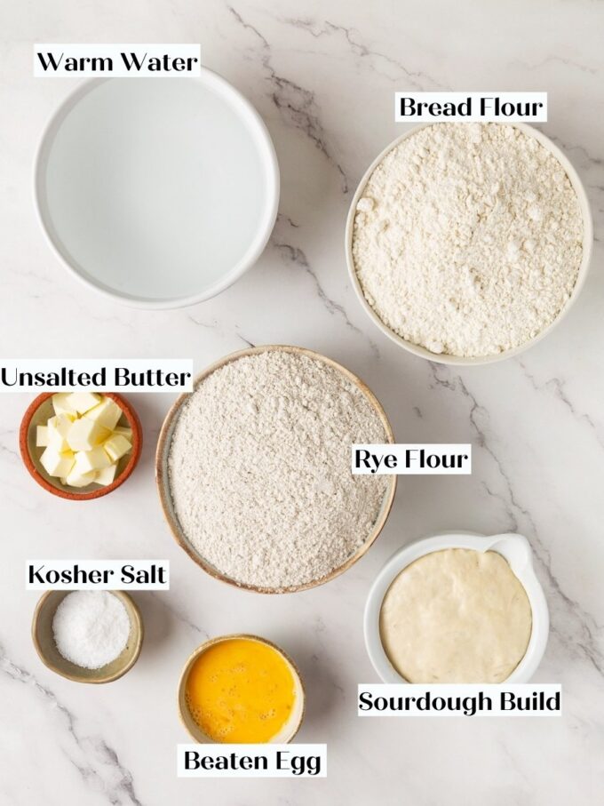 Roughly half the flour here is rye, which is what defines this sourdough rye bread.