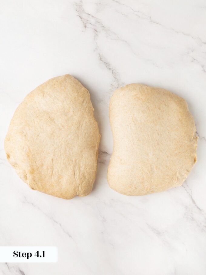 Splitting the batch into two 900-gram pieces gives sourdough rye bread its two sandwich loaves.