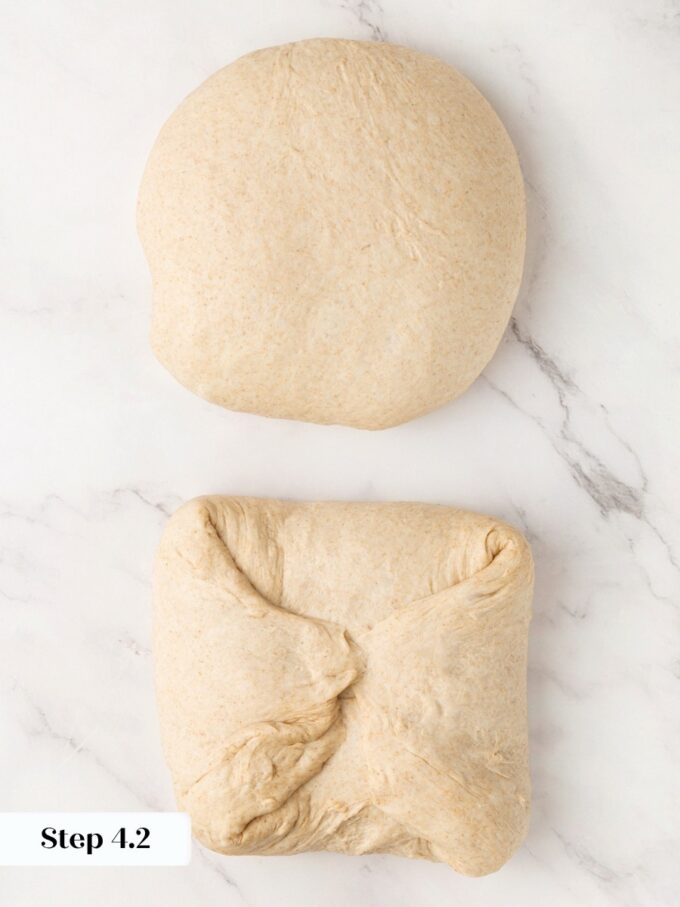 Folding all four sides inward builds the surface tension sourdough rye bread needs to hold shape.