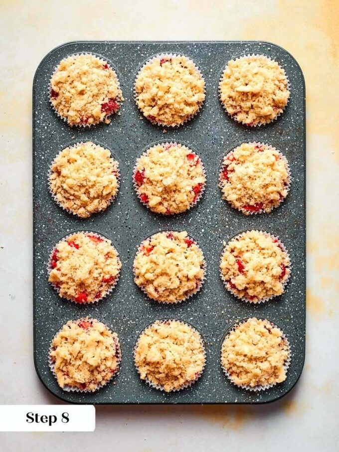 A generous layer of crumble adds the buttery, golden crunch that defines this strawberry muffin recipe.