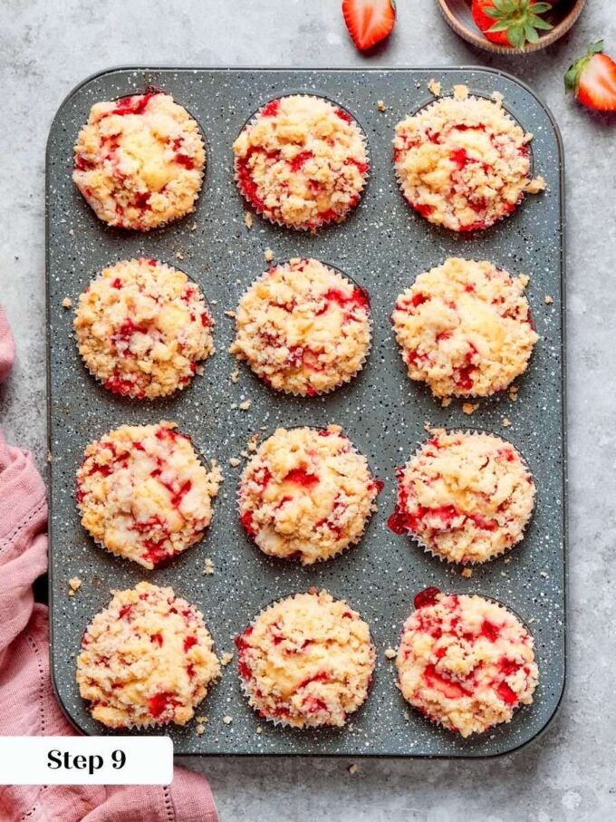 Pulling the muffins at golden keeps this strawberry muffin recipe moist beneath its crisp crumble top.
