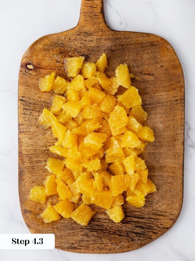 Dicing small keeps the fruit suspended evenly instead of sinking to the bottom of orange bread.