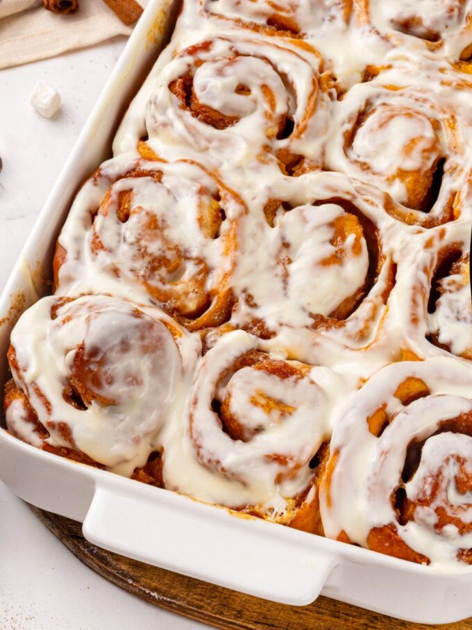 Warm from the oven and generously iced, these sweet potato cinnamon rolls are best eaten fresh.