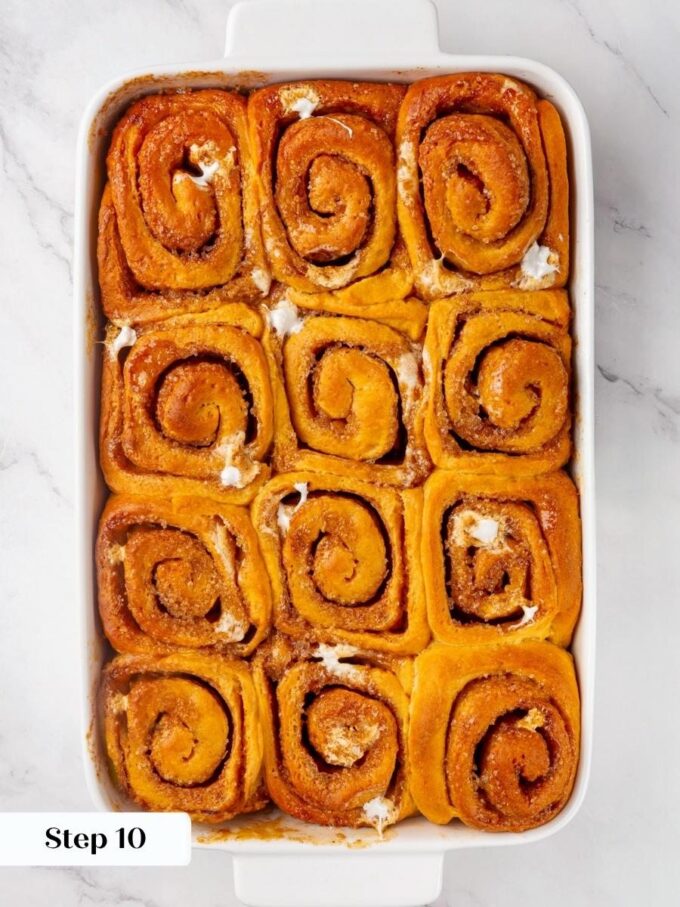 Before frosting, the melted marshmallow layer inside sweet potato cinnamon rolls is at its most visible.
