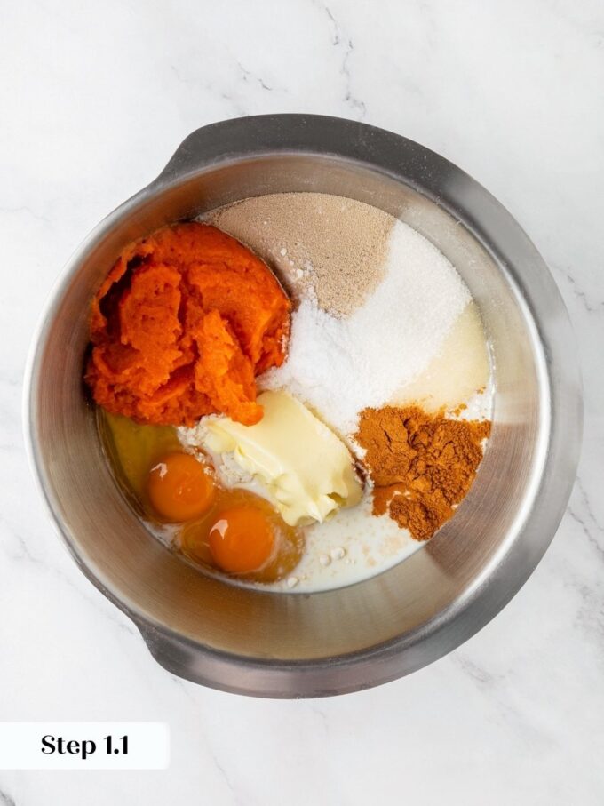 One bowl starts these sweet potato cinnamon rolls, with a full cup of puree going in.