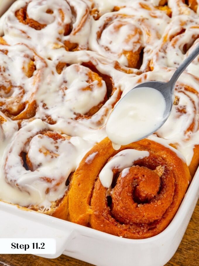 Waiting until sweet potato cinnamon rolls are ninety percent cooled keeps frosting sitting on top.