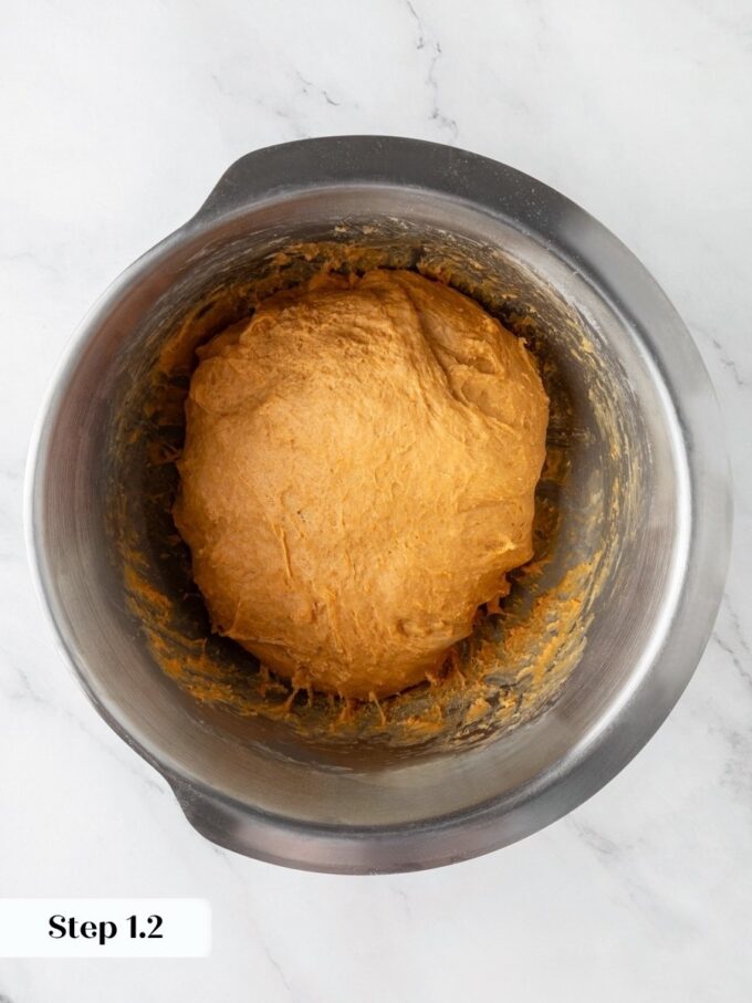 After five minutes the dough stays soft and sticky, exactly what sweet potato cinnamon rolls need.
