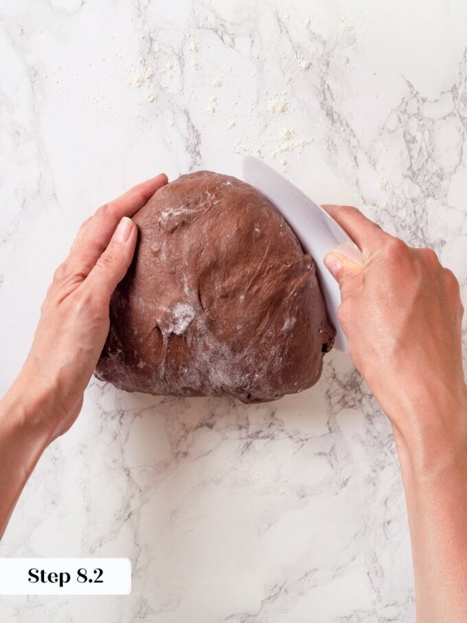 This final tuck seals in tension, setting up the open crumb in chocolate sourdough bread.