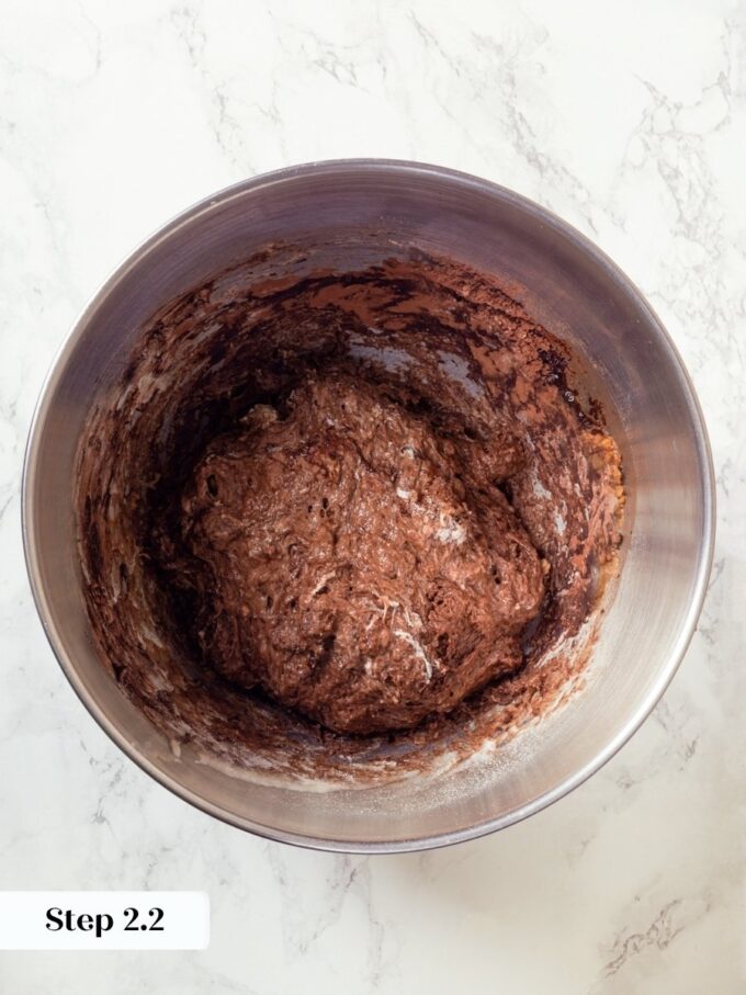 Low-speed mixing brings the ingredients together into this rough, mottled chocolate sourdough bread base.