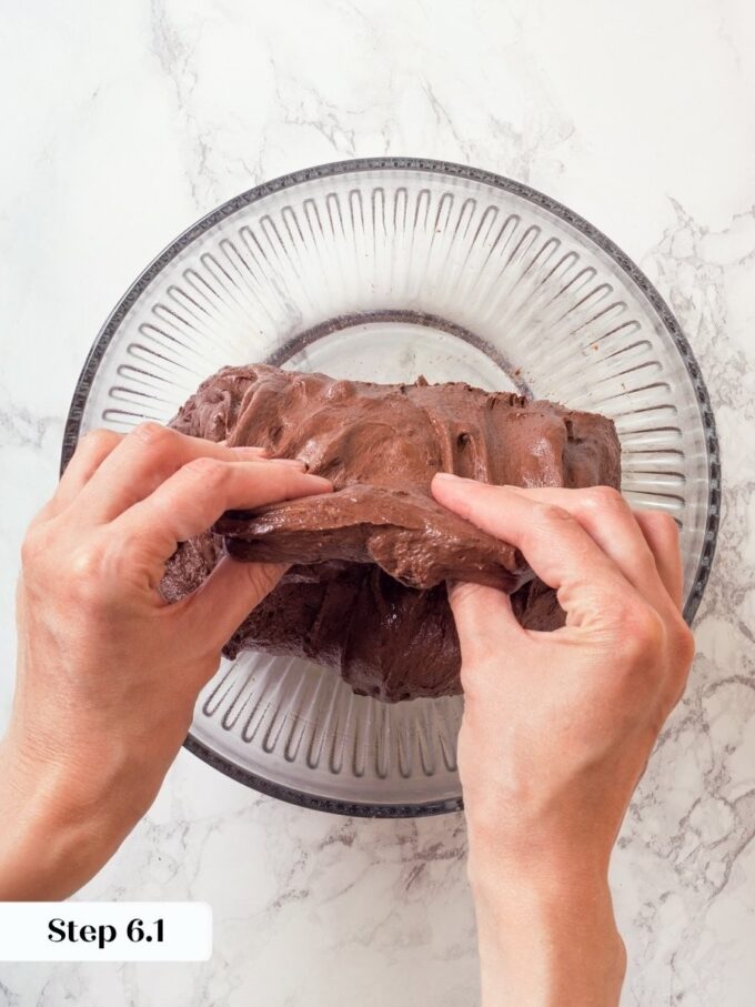 Stretch-and-fold technique during bulk fermentation develops the strength and airiness in chocolate sourdough bread.
