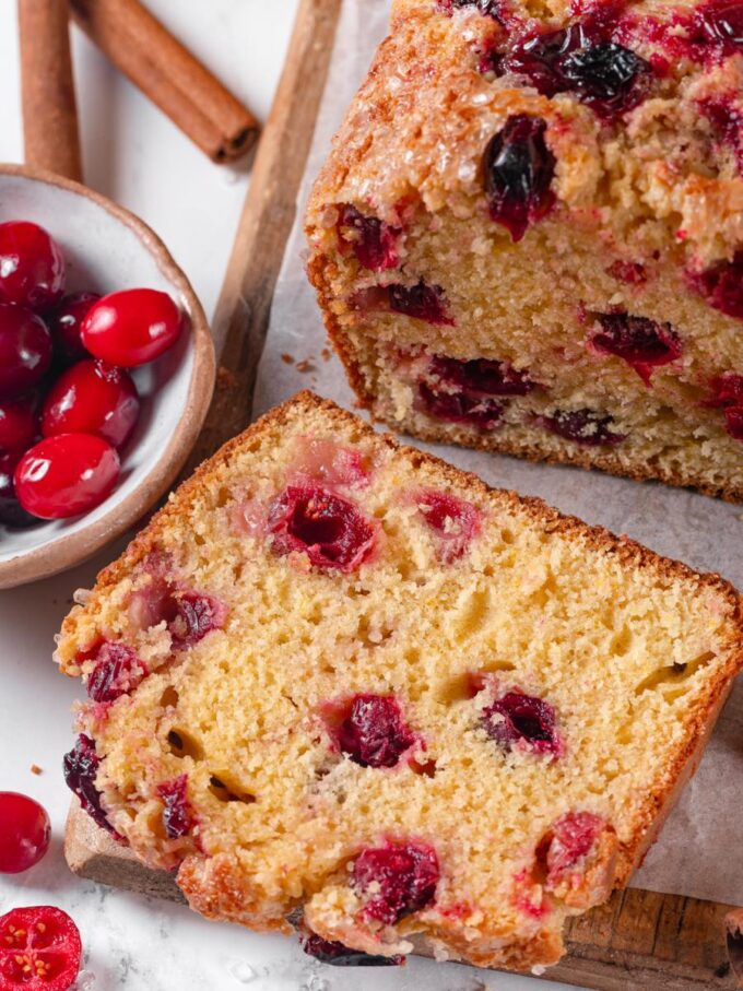 A single thick slice is how most people meet this cranberry bread at the table.