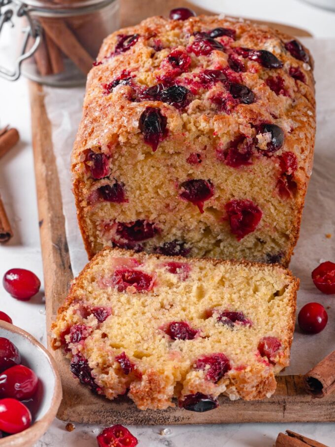 Angled light shows the crackly sugared top that sets this cranberry bread apart from others.