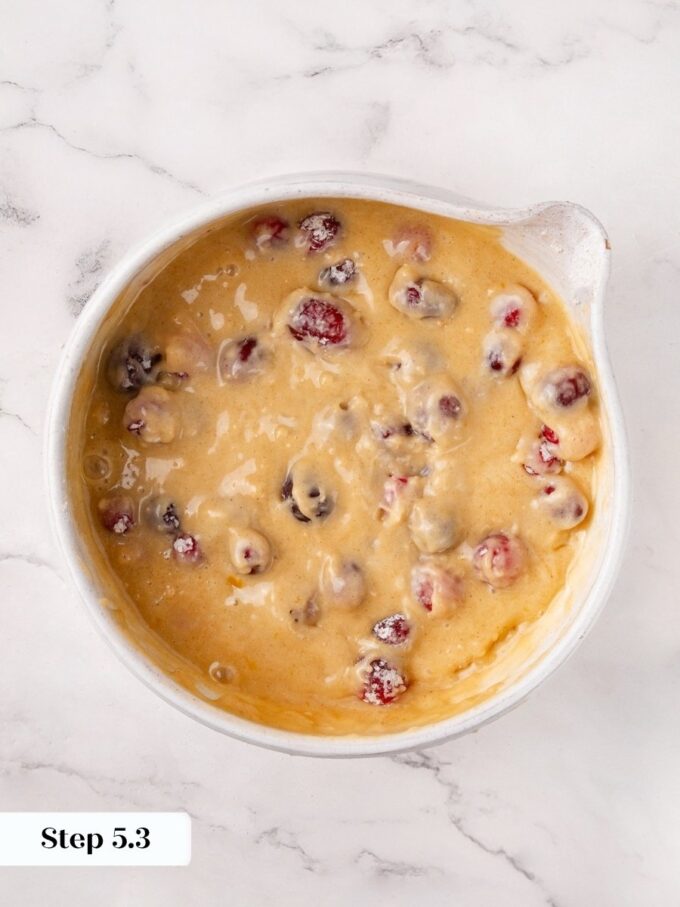 Even distribution at this stage means every cranberry bread slice carries fruit from top to bottom.